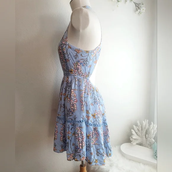 ABEL THE LABEL BLUE FLORAL FIT & FLARE JAASE BACKLESS HALTER MINI DRESS SZ SMALL - Picture 8 of 16